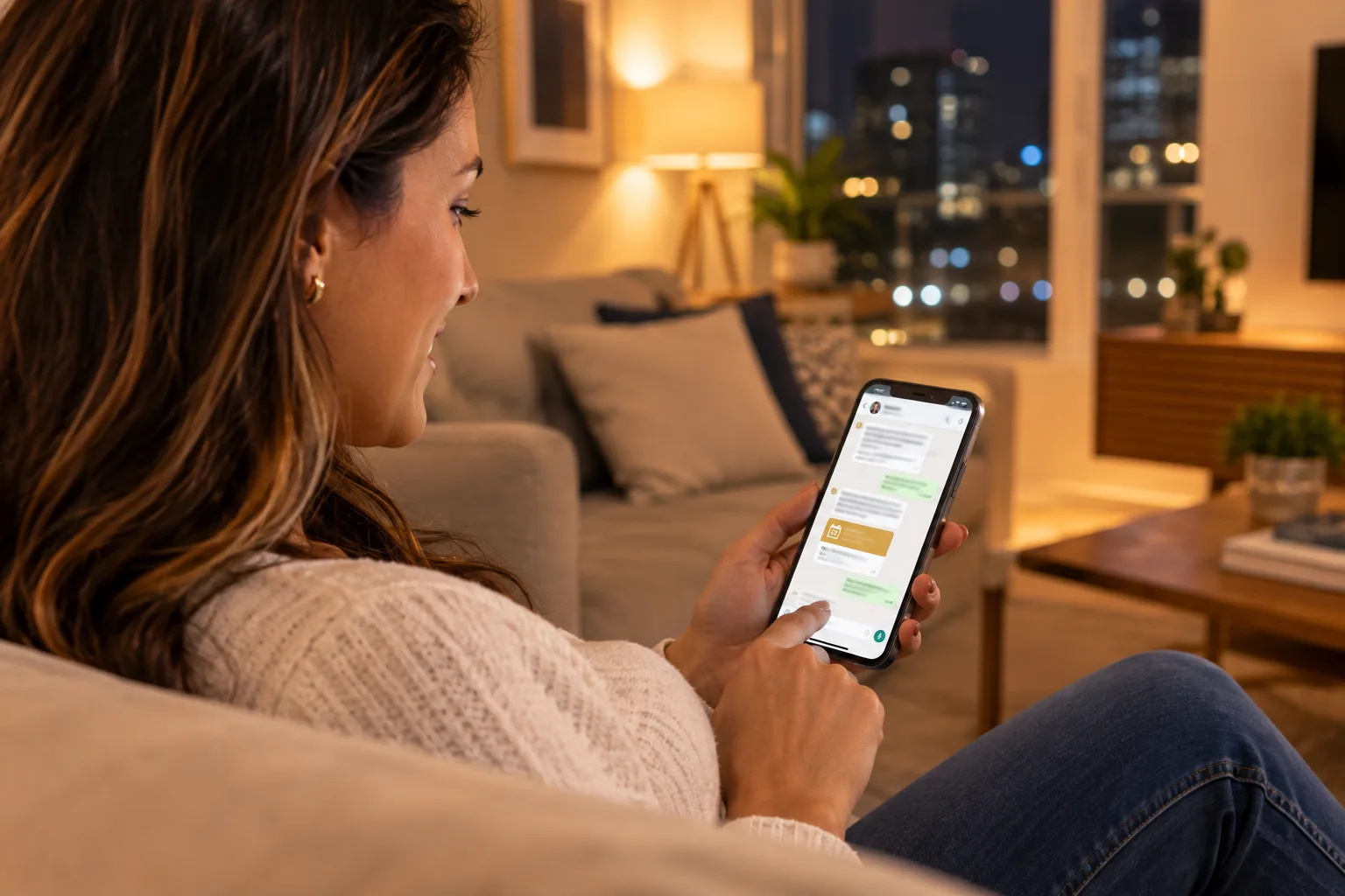 Paciente em casa, à noite, confirmando a consulta pelo WhatsApp da clínica